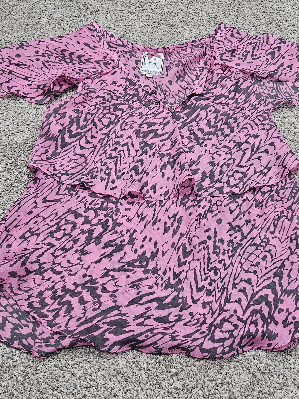 Yoana Baraschi Pink and Black Printed Ruffle Blouse 100% Silk